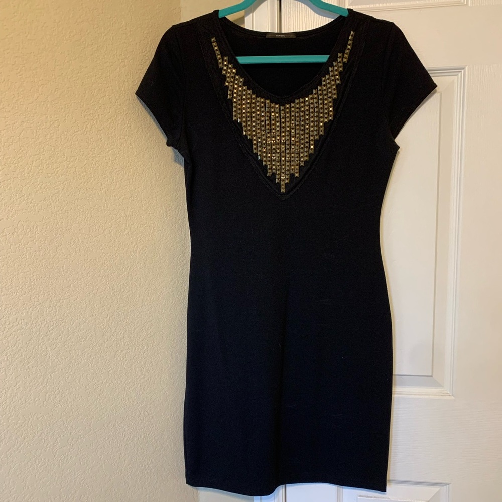 Soprano Black and Gold Embellished Sheath Mini Dress